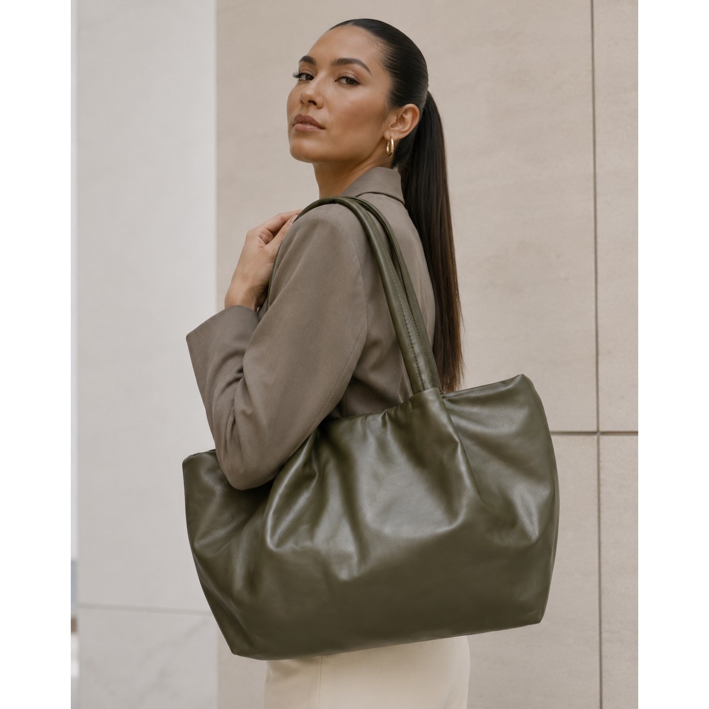 Neiman Marcus Olive Green Faux Leather Tote Bag And Pouch Set Shoulder Bag